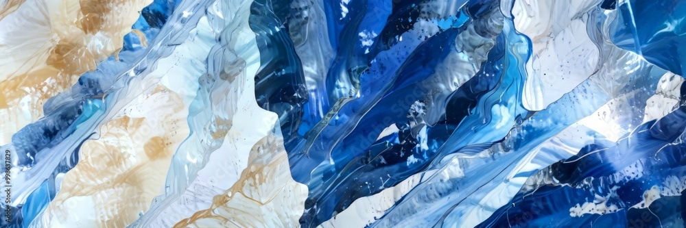 Poster an abstract painting featuring a dynamic interplay of blue, white, and brown hues, with splashes of color and texture creating a sense of movement and energy