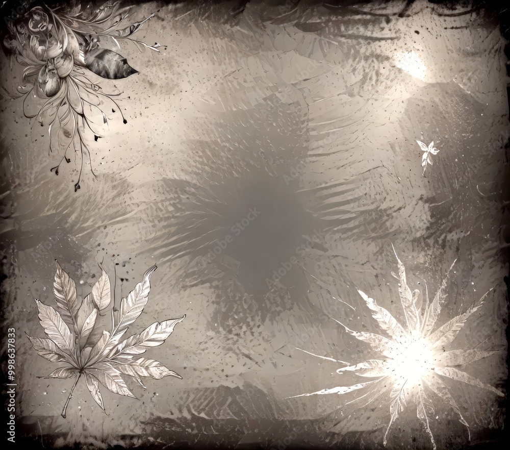 Poster a monochromatic, textured background with floral and leaf-like elements, including a large leaf, a f
