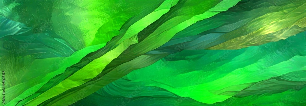 Poster an abstract painting featuring a vibrant mix of green and brown hues, with overlapping brushstrokes creating a sense of depth and movement