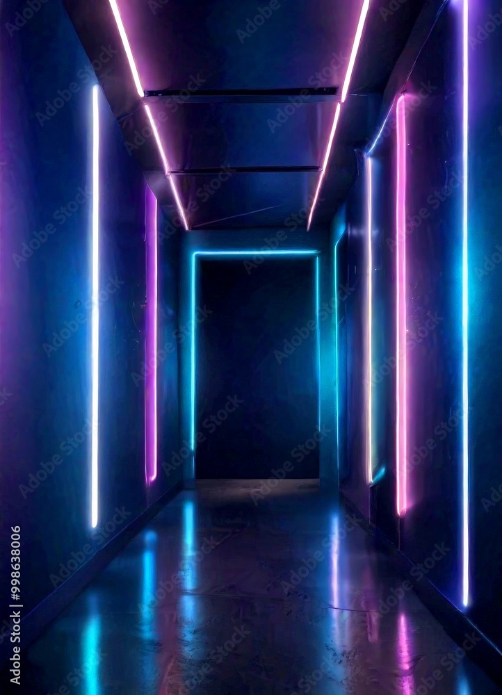 Poster A long, dimly lit corridor with a series of vertical neon lights in various colors, creating a mesmerizing and futuristic atmosphere