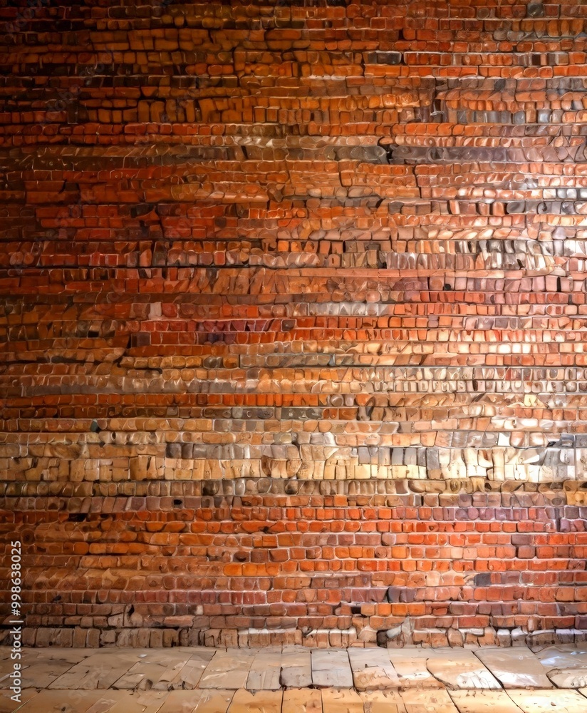Aufkleber a close-up view brick wall, with the bricks arranged in a horizontal pattern and displaying a range of colors from reddish-brown to reddish-orange The bricks are