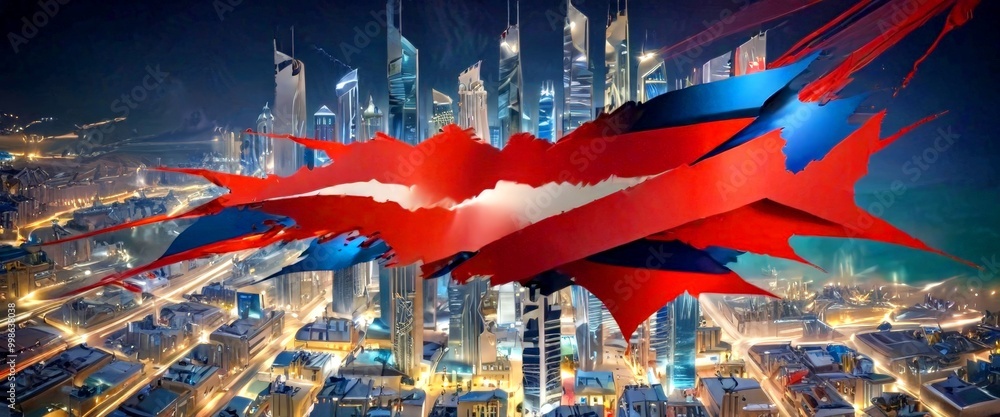 Poster a futuristic cityscape at night, with a large, abstract red and blue shape dominating the center of 