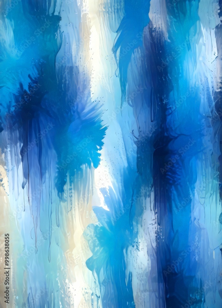 Poster an abstract painting featuring a dynamic interplay of blue, white, and beige colors, with brushstrok
