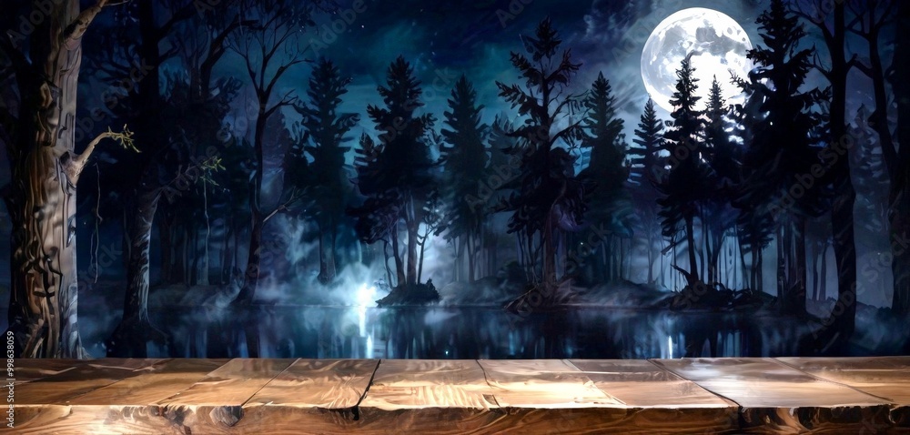 Poster a serene night scene with a full moon illuminating a forest of tall trees, casting a soft glow on th