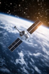 A small satellite floating on space with earth and sunlight on background