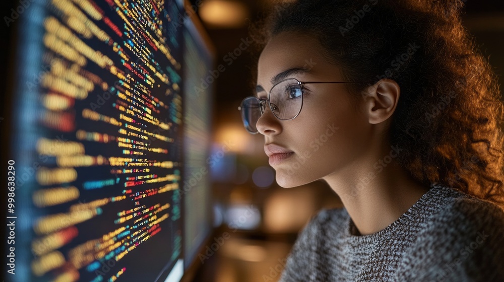 Poster A woman is looking at a computer screen with a lot of code on it