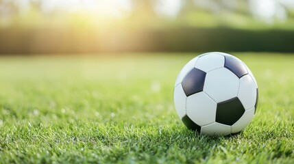 Fototapeta premium A close-up view of a classic black and white soccer ball placed on vibrant green grass, illuminated by soft sunlight in the background.