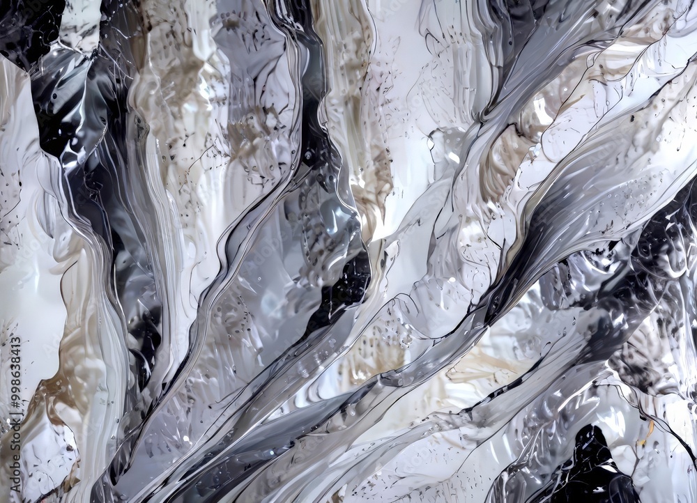 Poster a close-up view textured, abstract painting with a mix of gray, black, and white colors The painting appears to be created using a technique that resembles the appearance