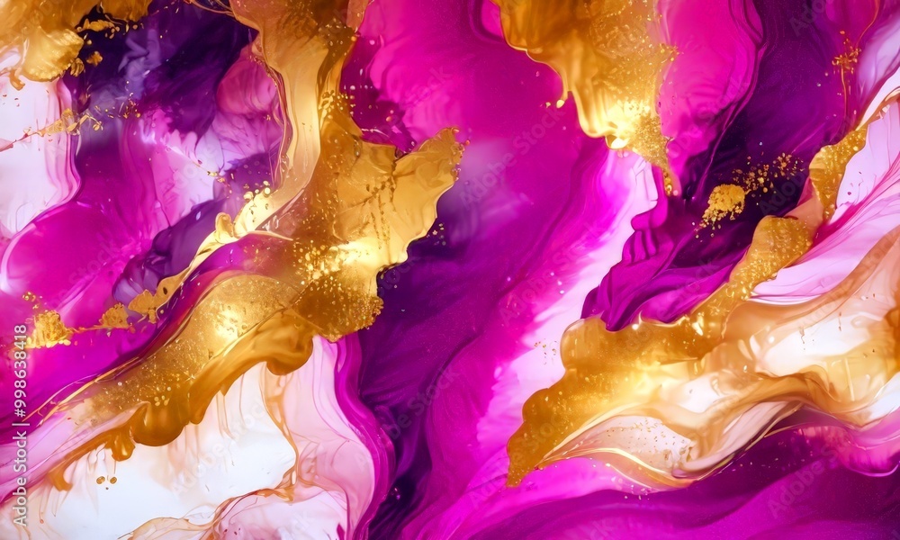 Poster a vibrant abstract composition with swirling patterns of pink, purple, and gold, creating a dynamic 