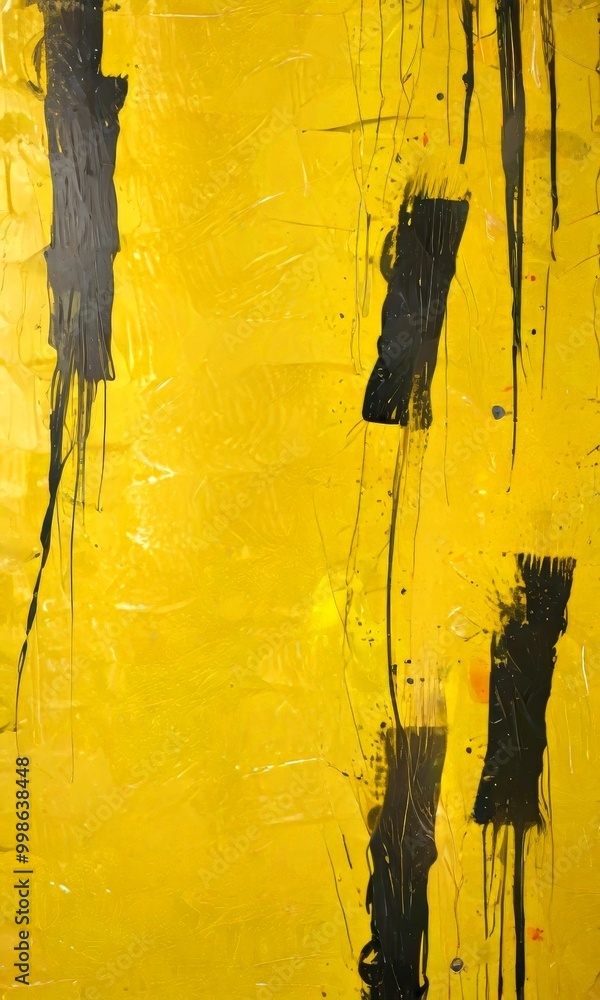 Poster abstract painting with bold black and yellow brushstrokes, creating a dynamic and expressive composi