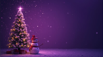 Fototapeta premium Snowy winter scene with a decorated Christmas tree and snowman at night