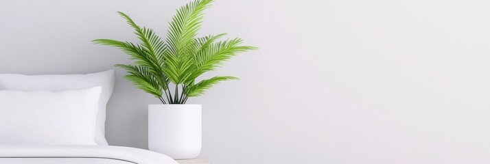 Mock up poster frame on wall of a bedroom with bed and plant vase