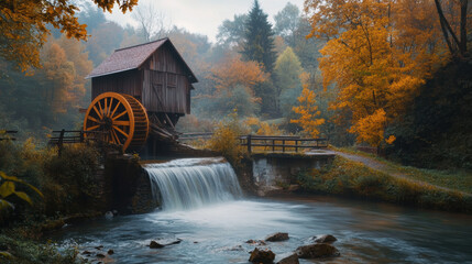 Fototapeta premium serene watermill stands by flowing river, surrounded by vibrant autumn foliage. tranquil scene captures beauty of nature and harmony of water and wood