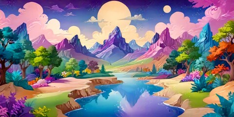 a fantastical landscape with a winding river reflecting the vibrant colors of the surrounding flora and fauna The sky is filled with clouds, and the mountains in the