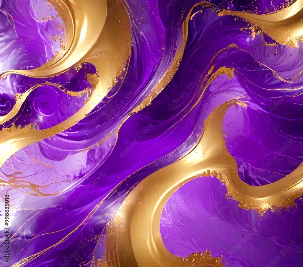 Poster a vibrant abstract composition with swirling patterns of purple and gold, creating a dynamic and vis