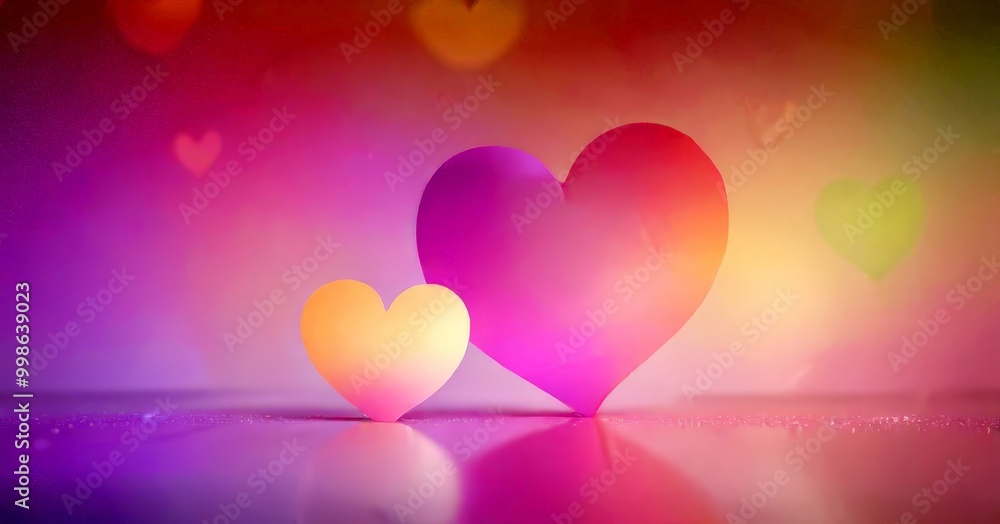 Poster two hearts, one large and one small, stand on a reflective surface against a gradient background of 