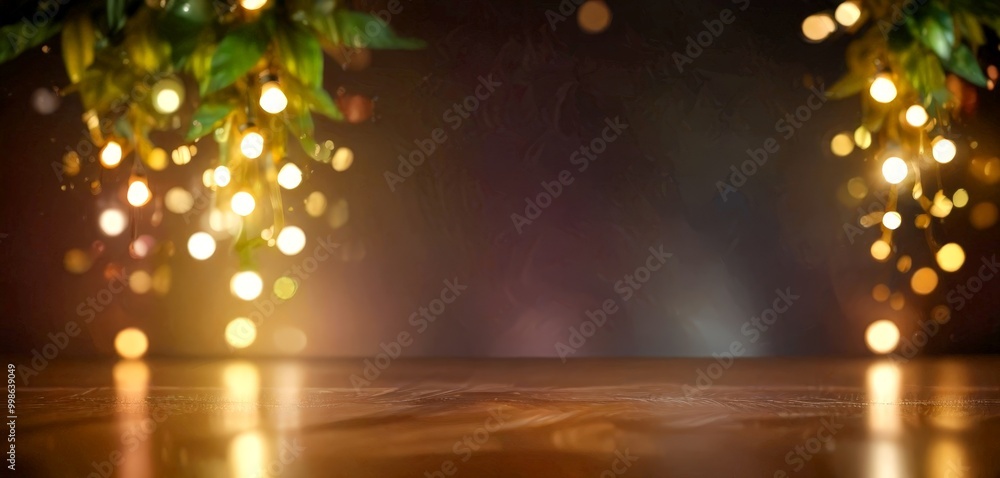 Fototapete a dark background with a wooden surface in the foreground, illuminated by a string of lights that appear to be hanging from the top left corner The lights are arranged in