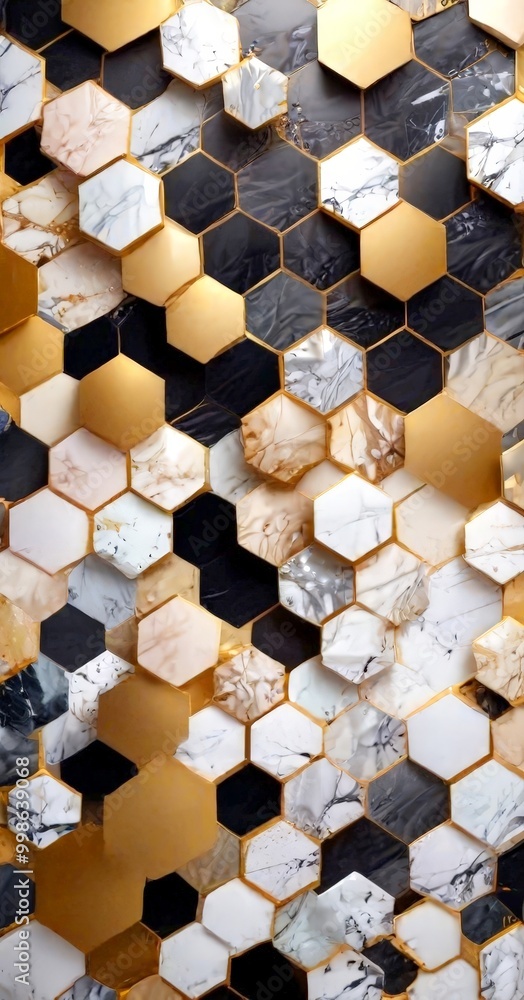 Aufkleber a repeating pattern of hexagonal tiles in various shades of black, white, and gold, arranged in a gr