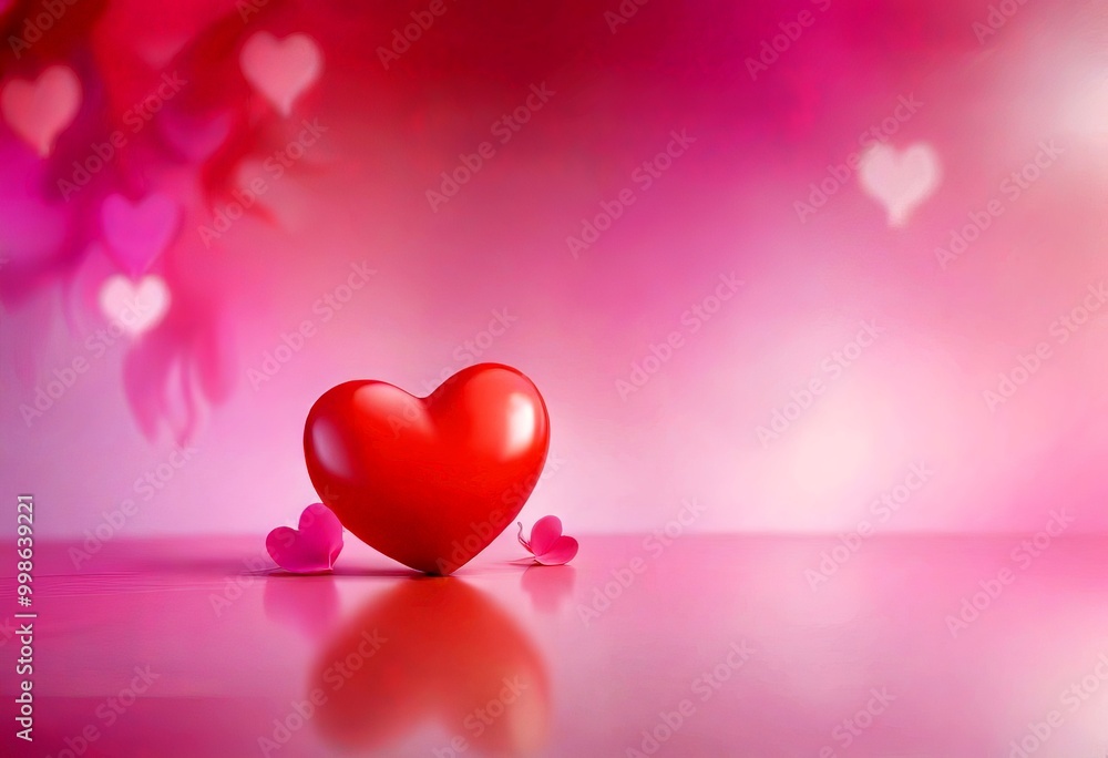 Poster a red heart-shaped object sits on a reflective surface, surrounded by two smaller pink heart-shaped 