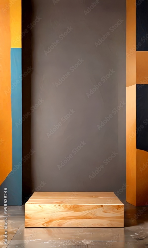 Aufkleber a wooden platform rests on a reflective floor, flanked by two vertical columns painted in warm hues 