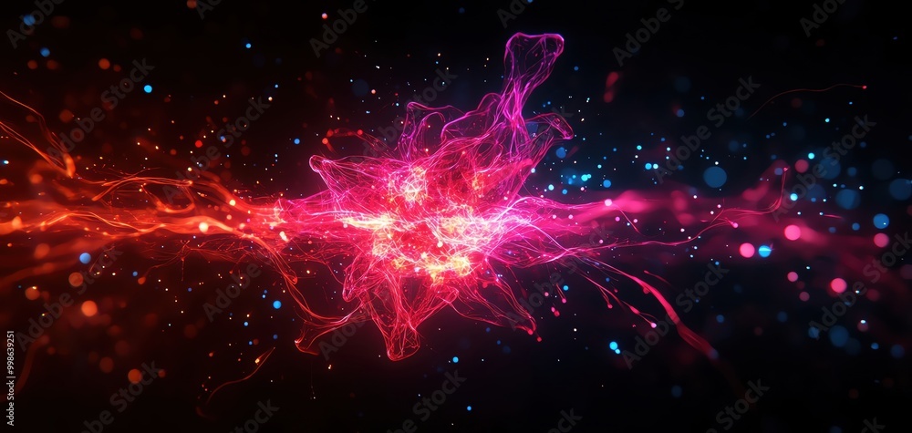 Poster vibrant abstract art featuring glowing lines and particle effects in red and blue on a dark backgrou