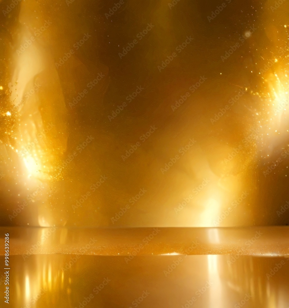Poster a golden, reflective surface that extends into the distance, with a warm, glowing golden glow and sp