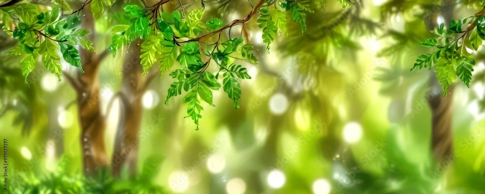 Poster a lush, verdant forest scene with a variety of trees and foliage, including a prominent branch with 