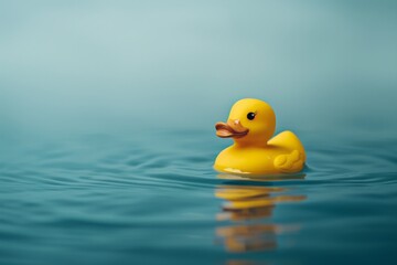 A bright yellow rubber duck floats on a serene blue water background. This playful scene evokes joy and nostalgia. Perfect for all ages. Generative AI