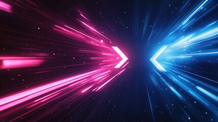 Fototapeta premium Abstract pink and blue neon light streaks with glowing white arrows in the center.