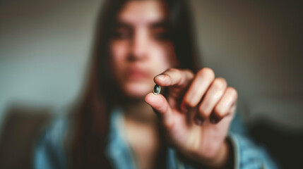 Obraz premium Person sitting alone, holding a small object, looking intently with a tense expression, symbolizing addictive habits. Focused portrait with blurred background, emphasizing personal struggle and depend