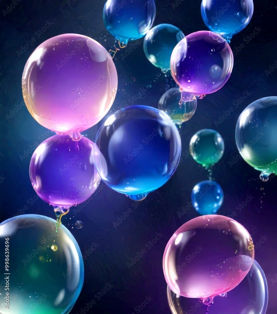Poster a collection of colorful, transparent bubbles floating against a dark background, creating a visually striking and abstract composition