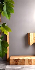 A minimalist interior design with a gray wall, a wooden bench, and a plant with large green leaves