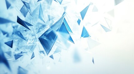 Fototapeta premium Abstract blue glass triangles floating on a white background.