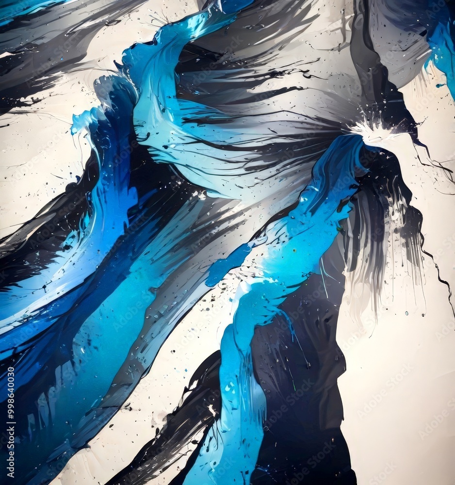 Poster an abstract painting featuring a dynamic interplay of blue, black, and white colors, with splashes o