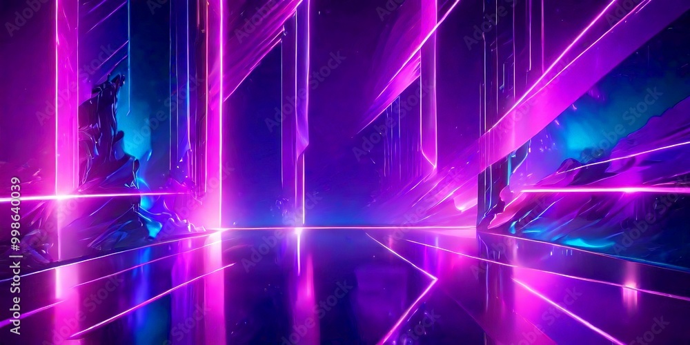 Poster a futuristic, neon-lit environment with a reflective, curved floor and a series of vertical lines an