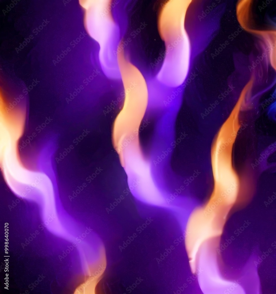Poster a vibrant abstract pattern of swirling, multicolored flames in shades of purple, orange, and yellow,