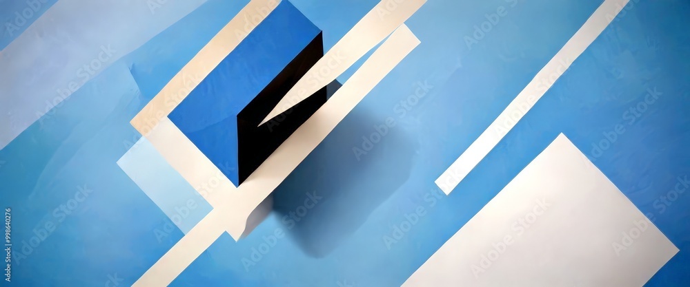 Poster a geometric abstract composition with a blue rectangular shape, a black triangular shape, and white rectangles and lines