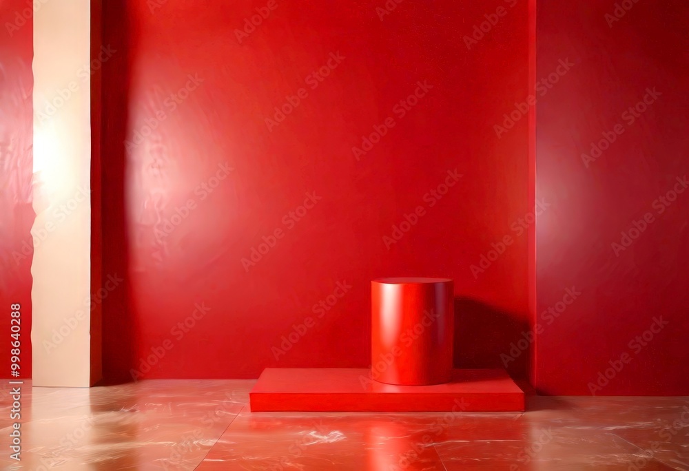 Aufkleber a red cylindrical object stands on a rectangular platform against a red wall, with a white pillar on