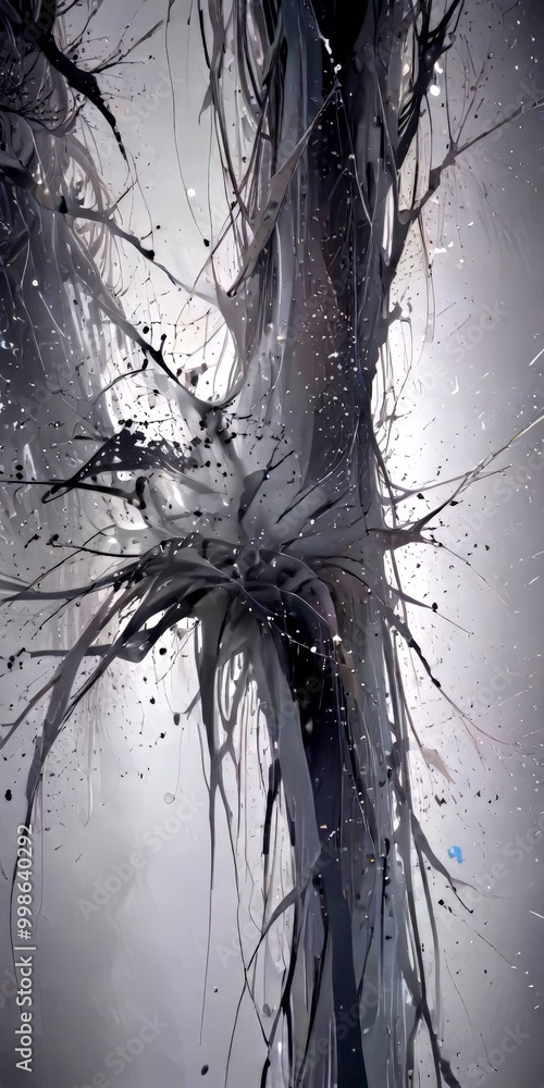 Aufkleber a surreal, abstract tree-like structure with a dense, tangled network of branches and leaves, creating a sense of depth and complexity The background is a dark, moody
