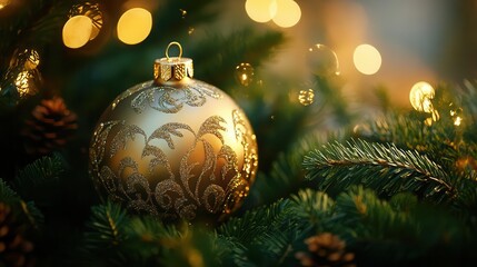 ornate christmas bauble with intricate golden patterns reflecting warm lights nestled among lush evergreen branches in festive holiday scene
