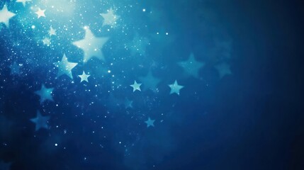 Fototapeta premium Abstract blue background with blurred white stars and glitter.