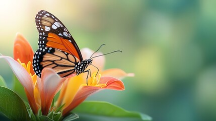 Fototapeta premium A Monarch butterfly perched on a vibrant orange lily flower, with a blurred green background.