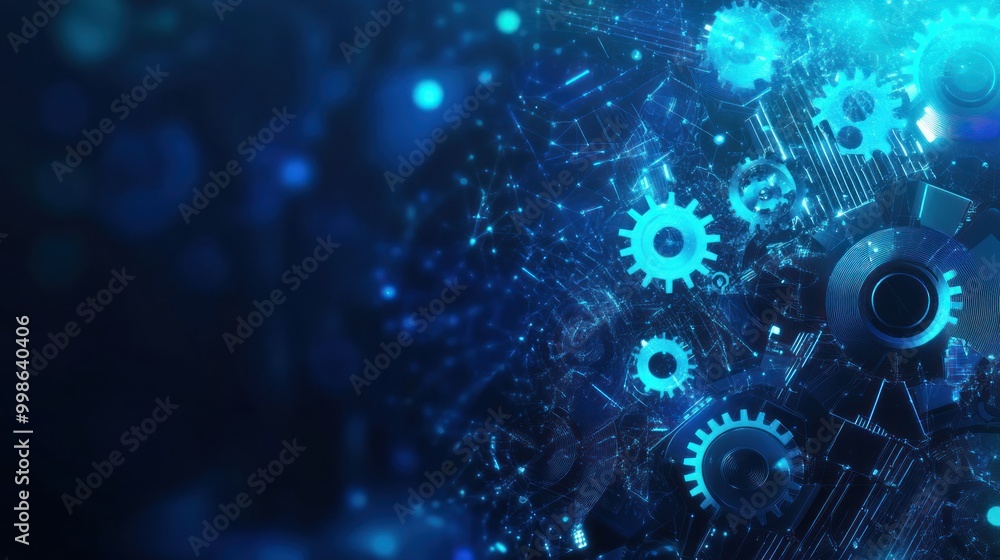 Poster abstract technological background with glowing blue gears and lines on dark background.