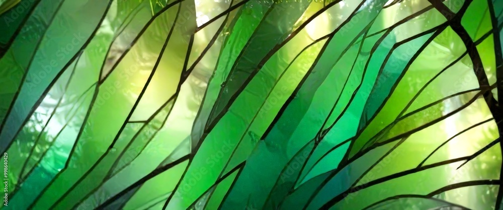 Poster a close-up view stained glass window, with green and yellow hues creating a vibrant and abstract pat