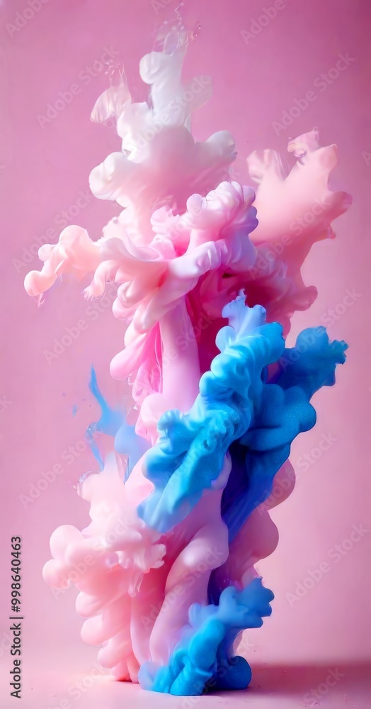 Poster a vibrant abstract composition of pink and blue hues, with the pink and blue colors swirling and mer
