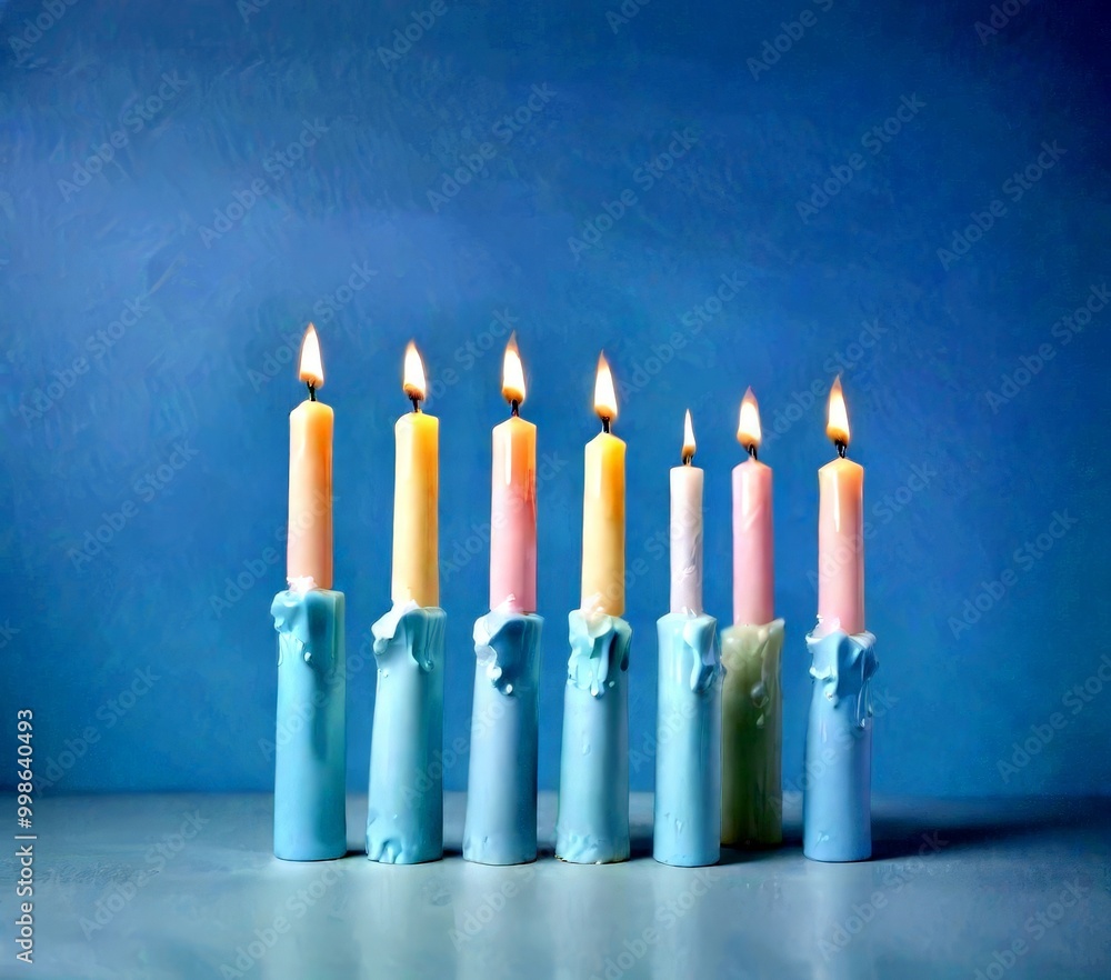 Poster six candles in various pastel colors are arranged in a row, with three lit and three unlit, against 