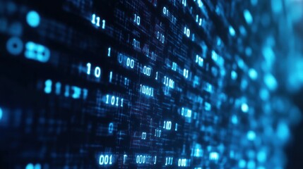 Abstract blue digital code background with blurred glowing lights.