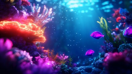 Fototapeta premium A vibrant underwater scene featuring colorful coral and fish, illuminated by sunlight filtering through the surface.