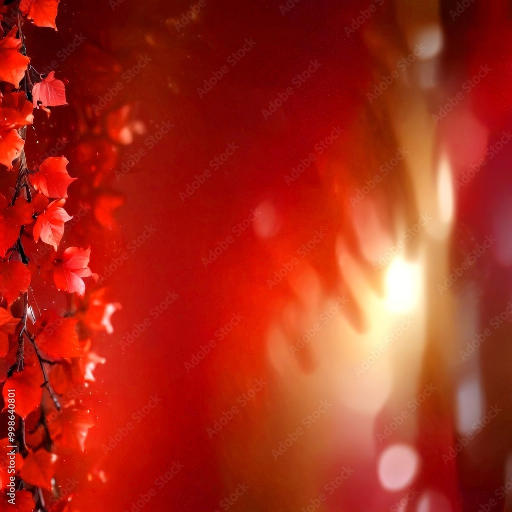 Poster a vibrant red background with a blurred, bokeh-like effect, creating a sense of depth and movement On the left side, there is a cluster of red leaves, possibly from a tree,