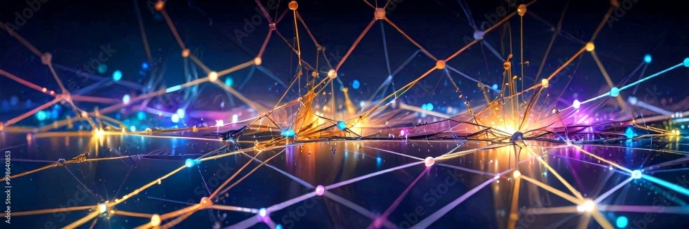 Poster a complex network of interconnected lines and dots, creating a visually striking abstract pattern The lines and dots are arranged in a grid-like